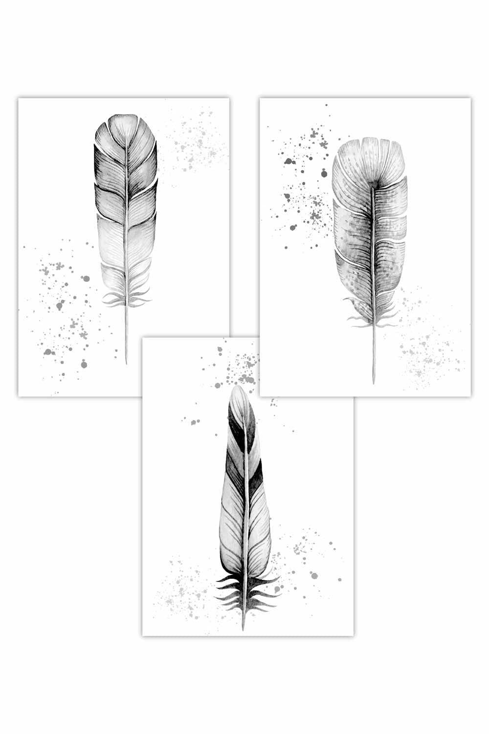 Set of 3 Abstract Black and Grey Feathers Art Posters